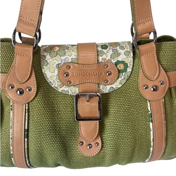 RARE Longchamp Idole Belted Green Floral Shoulder Bag Canvas Floral Vintage Y2K - Picture 3 of 11